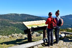 Hiking in Krkonose Mountains, view point, tourist