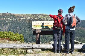 Hiking in Krkonose Mountains, view point, tourist