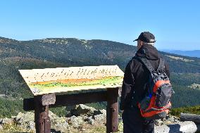 Hiking in Krkonose Mountains, view point, tourist