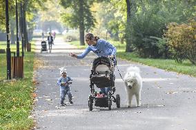 Autumn in Czech Republic, mother, children, child, family, baby carriage, dog
