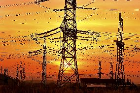 Transmission towers, high voltage pylon, sunset, CEZ, Czech Republic