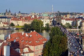 The historic centre of Prague, Charles Bridge, Zizkov television (TV) tower