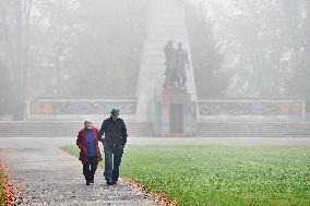 Red Army monument splashed with red colour