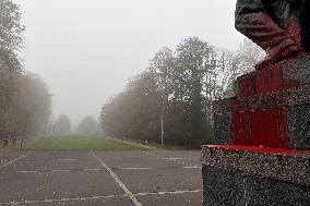 Red Army monument splashed with red colour