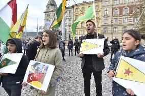 another protest against Turkish invasion of Syria held in Prague, YPG flag