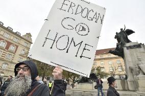 another protest against Turkish invasion of Syria held in Prague, ERDOGAN GO HOME banner