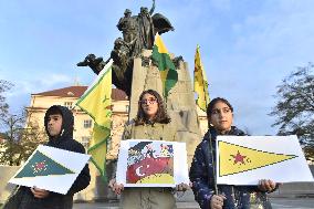 another protest against Turkish invasion of Syria held in Prague, YPG flag