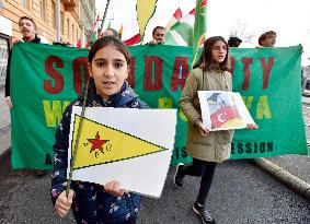 another protest against Turkish invasion of Syria held in Prague, YPG flag