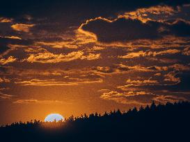 Sunset, forest, clouds