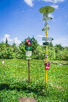 view-tower, observation tower Velky Lopenik, landscape, trail blazing, way marking, marker, signpost, state border Czech Republic - Slovakia