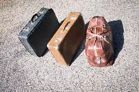 old brown and blue grey travel cardboard suitcase, luggage vintage, corners strengthened, leatherette suitcase, bag, personal relocation, travelling, move