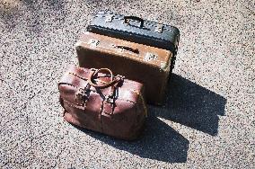 old brown and blue grey travel cardboard suitcase, luggage vintage, corners strengthened, leatherette suitcase, bag, personal relocation, travelling, move