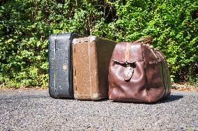 old brown and blue grey travel cardboard suitcase, luggage vintage, corners strengthened, leatherette suitcase, bag, personal relocation, travelling, move