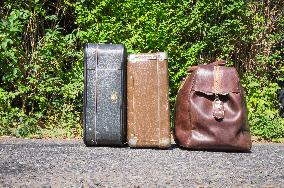 old brown and blue grey travel cardboard suitcase, luggage vintage, corners strengthened, leatherette suitcase, bag, personal relocation, travelling, move
