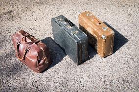 old brown and blue grey travel cardboard suitcase, luggage vintage, corners strengthened, leatherette suitcase, bag, personal relocation, travelling, move