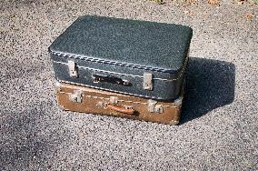 old brown and blue grey travel cardboard suitcase, luggage vintage, corners strengthened, leatherette suitcase, bag, personal relocation, travelling, move