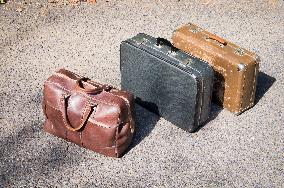 old brown and blue grey travel cardboard suitcase, luggage vintage, corners strengthened, leatherette suitcase, bag, personal relocation, travelling, move
