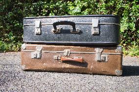 old brown and blue grey travel cardboard suitcase, luggage vintage, corners strengthened, leatherette suitcase, bag, personal relocation, travelling, move