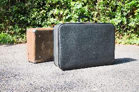 old brown and blue grey travel cardboard suitcase, luggage vintage, corners strengthened, leatherette suitcase, bag, personal relocation, travelling, move