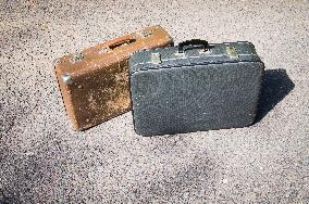 old brown and blue grey travel cardboard suitcase, luggage vintage, corners strengthened, leatherette suitcase, bag, personal relocation, travelling, move