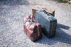 old brown and blue grey travel cardboard suitcase, luggage vintage, corners strengthened, leatherette suitcase, bag, personal relocation, travelling, move