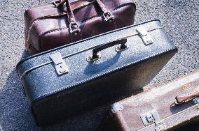 old brown and blue grey travel cardboard suitcase, luggage vintage, corners strengthened, leatherette suitcase, bag, personal relocation, travelling, move
