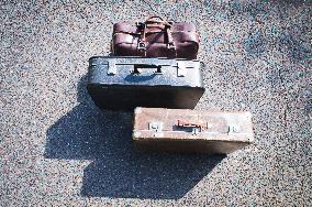 old brown and blue grey travel cardboard suitcase, luggage vintage, corners strengthened, leatherette suitcase, bag, personal relocation, travelling, move