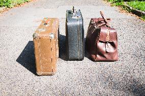old brown and blue grey travel cardboard suitcase, luggage vintage, corners strengthened, leatherette suitcase, bag, personal relocation, travelling, move