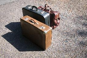 old brown and blue grey travel cardboard suitcase, luggage vintage, corners strengthened, leatherette suitcase, bag, personal relocation, travelling, move