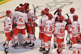 Hockey players of HC Ocelari Trinec celebrate a victory