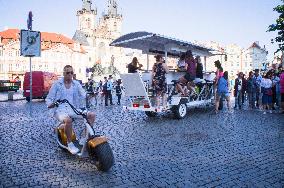 beer bike, car, tourists, Old Town Square, chopper design electric scooter