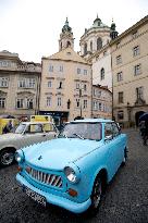 Historical vehicles Trabant made in East Germany, Malostranske namesti square in Prague