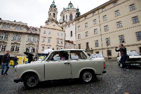 Historical vehicles Trabant, made in East Germany, Malostranske namesti square in Prague