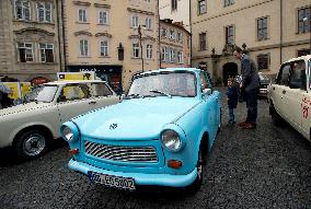 Historical vehicles Trabant  made in East Germany, Malostranske namesti square in Prague