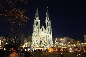 Christmas market and tree at Namesti Miru in Prague, Church of st. Ludmila