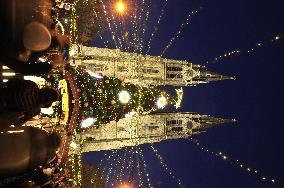 Christmas market and tree at Namesti Miru in Prague, Church of st. Ludmila