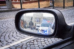 car, police control at Wenceslas Square in Prague, rear-view mirror (rearview mirror)