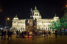 the eighth anniversary of the death of Vaclav Havel, candles, Wenceslas Square, Prague, St Wenceslas statue, National Museum