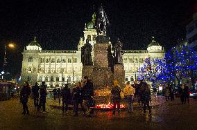 the eighth anniversary of the death of Vaclav Havel, candles, Wenceslas Square, Prague, St Wenceslas statue, National Museum