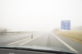 thick, heavy, dense fog, winter, European route E55