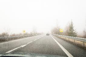 thick, heavy, dense fog, winter, European route E55