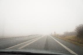 thick, heavy, dense fog, winter, European route E55