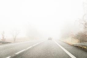 thick, heavy, dense fog, winter, European route E55