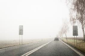 thick, heavy, dense fog, winter, European route E55