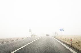 thick, heavy, dense fog, winter, European route E55