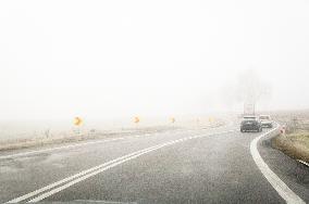 thick, heavy, dense fog, winter, European route E55