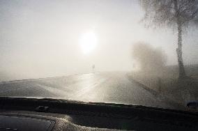 thick, heavy, dense fog, winter, European route E55