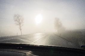 thick, heavy, dense fog, winter, European route E55