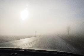 thick, heavy, dense fog, winter, European route E55