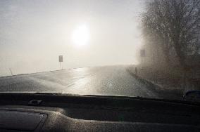 thick, heavy, dense fog, winter, European route E55